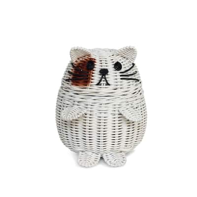 Cat Rattan Storage Basket with Lid Decorative Bin Home Decor Hand Woven Shelf Organizer Cute Handmade Handcrafted Gift Artwork