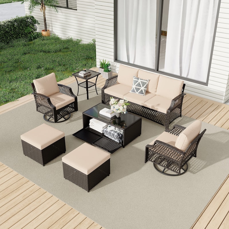 Outdoor Wicker Patio Set w Swivel Chairs & Sofa, Ottomans and Tables, Modular 3/5/6/7-Piece, All-Weather Conversation Set.