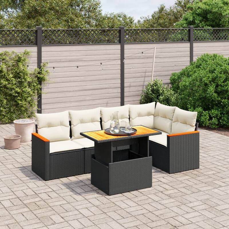 vidaXL Patio Sofa Set with Cushions Corner Sofas 5 Piece Poly Rattan Acacia - 21.7 x 39.4 x 28.7 in - Black and cream - form1