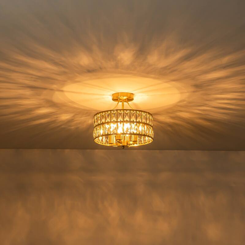 4-Light 13-inch Mid-Century Modern Crystal Drum Ceiling Light Lantern Crystal Semi-Flush Mount Light