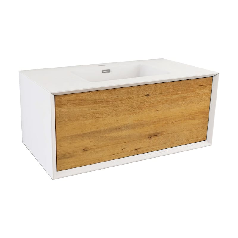 Wall-Mounted 1-drawer Bathroom Vanity Set in White and Oak with Integrated Solid Surface Sink