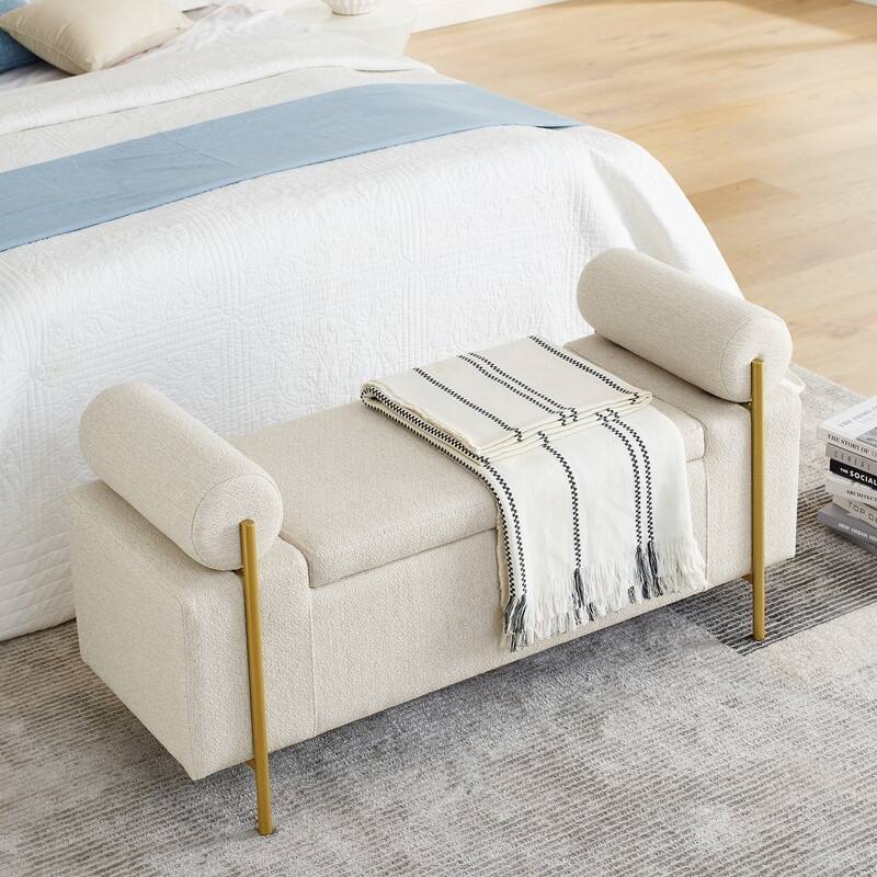 Morden Velvet Upholstered Storage Ottoman Bench, Elegant Footstool with Rolled Arms and Iron Legs for Bedroom, Hallway