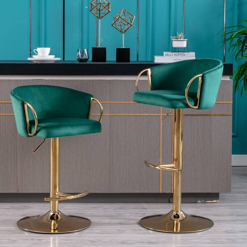 2 Velvet Bar Stools with Chrome Footrest and Base Swivel Height Adjustable - N/A