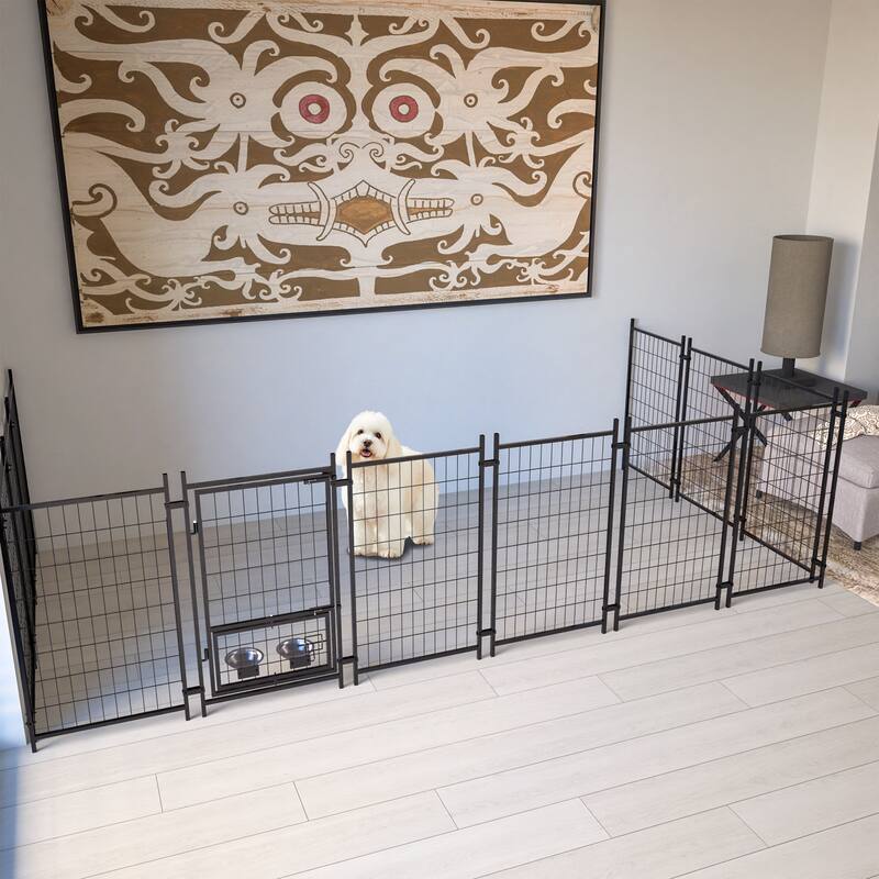 GDFStudio - Large Outdoor Heavy Duty Metal Dog Kennel with Roof, UV-Resistant Waterproof Cover, Double Lock & Rotating Feeder