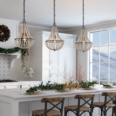 Modern Farmhouse 4-Light Boho White Wood Beads Chandelier for Dining Room