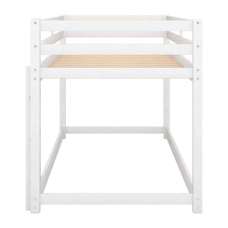 Low Profile Twin Over Twin Bunk Bed with Ladder, White, Solid Wood, Space-Saving Design