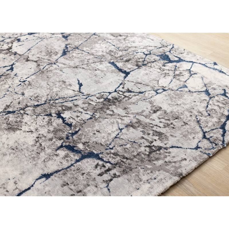 Blue Grey White Cracked Design Soft Polyester Rug
