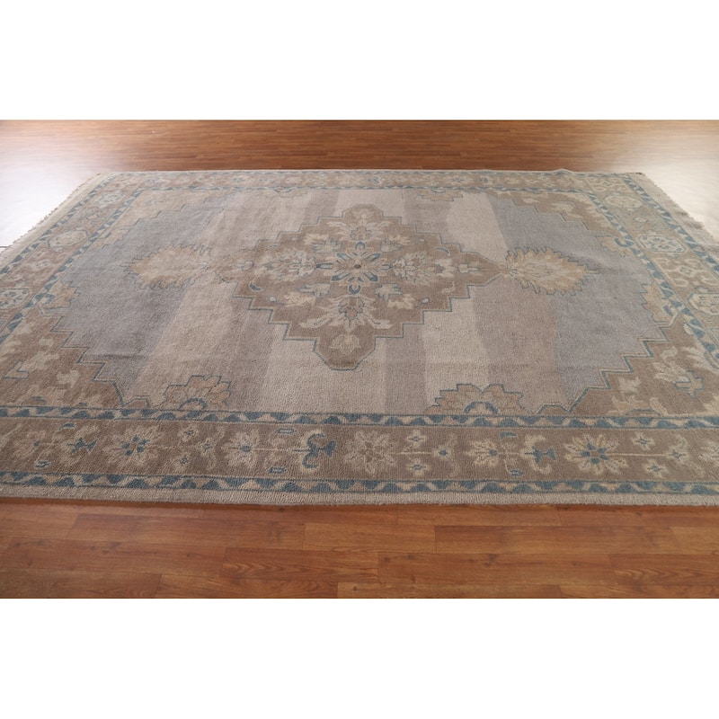 Geometric Oushak Area Rug Hand-knotted Wool Carpet - 8'10"x 12'3"
