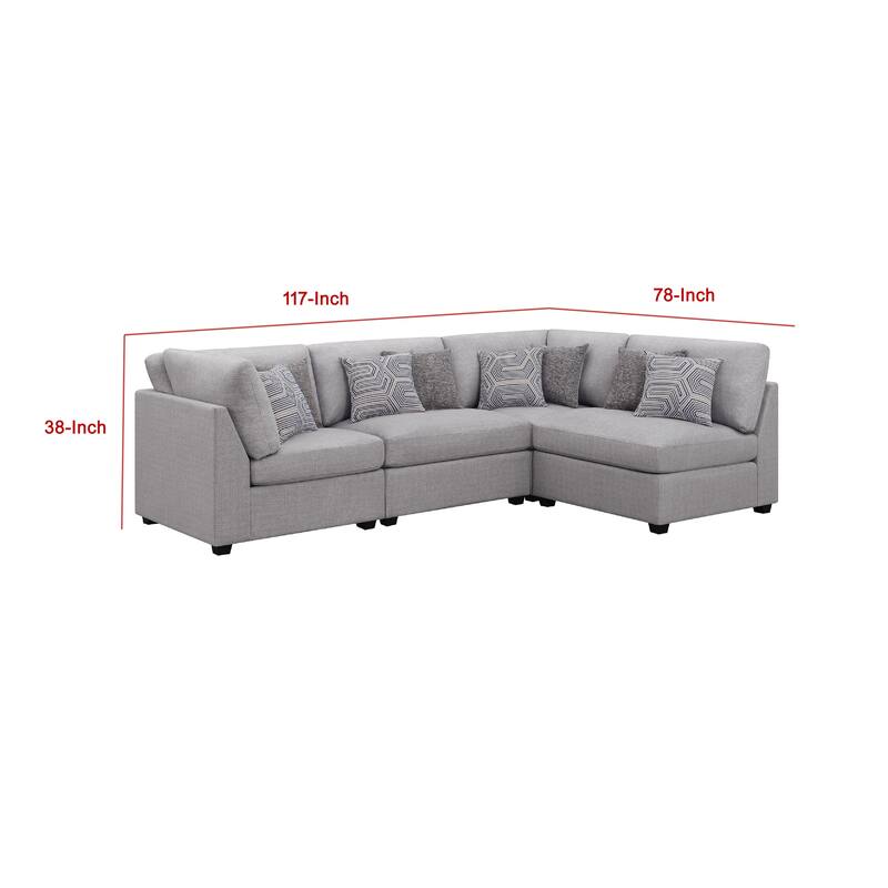 Cambia 4 Piece Modular L Shaped Sectional Sofa, Gray, 8 Pillows