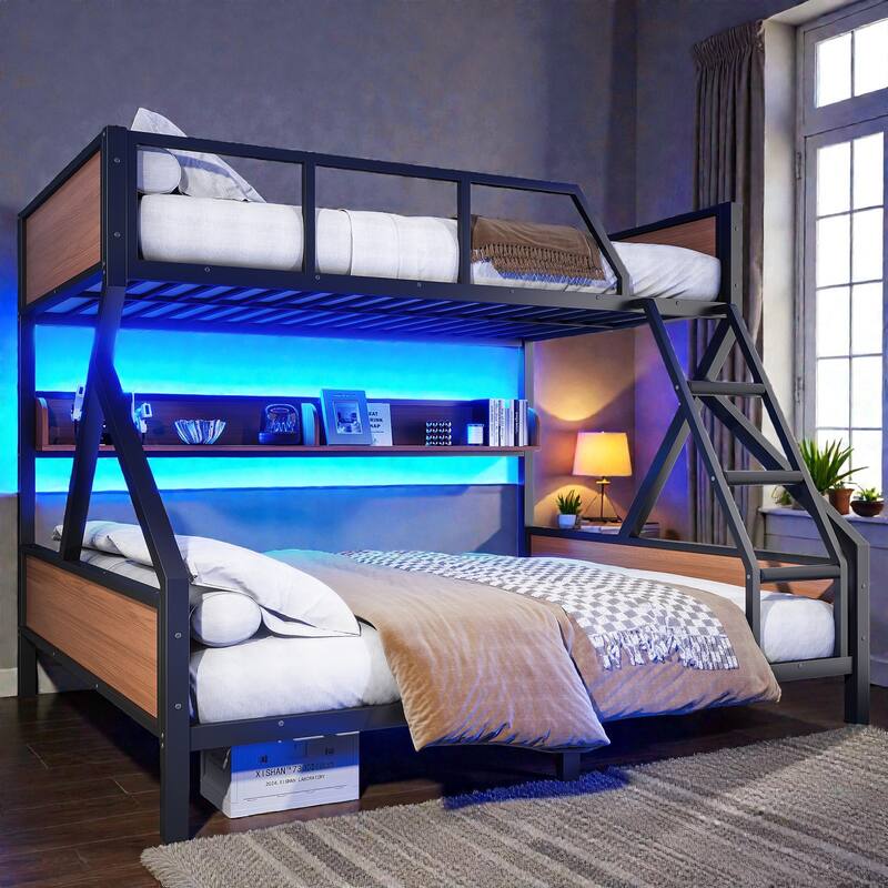 Metal Bunk Bed with Storage Shelves and LED Lights, Space Saving Noise Free Bunk Bed Frame with Guardrails