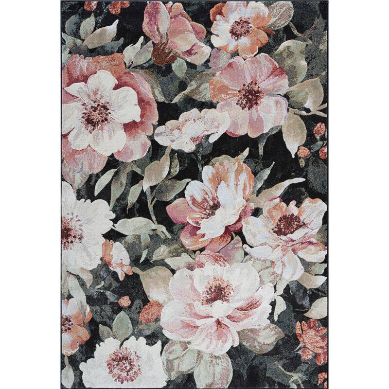 Emerson Black, Blush, Pink, Rose, Peach and Green Polyester Area Rug - 6' x 9'