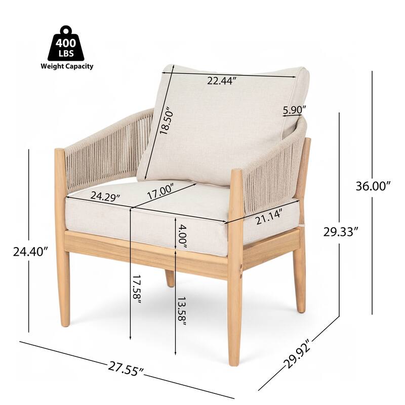 Roomfitters Verona Outdoor Acacia Wood Club Chairs with Rope Detail, Natural Finish and Beige Set of 2 - Set of 2