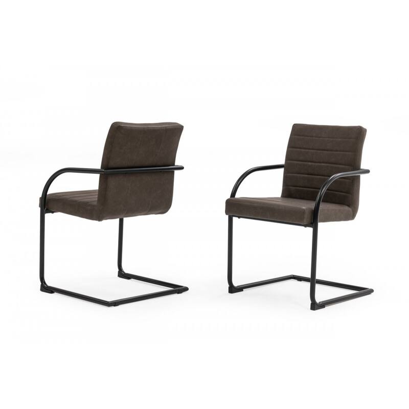 Set of 2 Faux Leather Arm Chairs with Solid Back and Black Metal Legs for Dining or Living Room - 34”H x 21.5”W x 23.8”D - Brown and Black