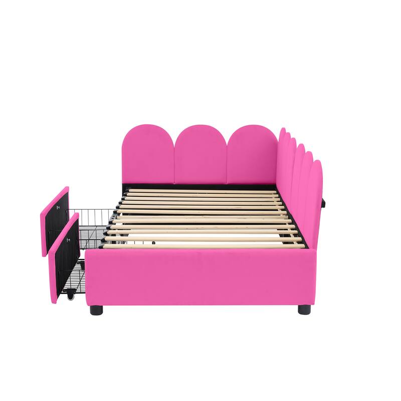L-Shape Garden Backrest Daybed, Velvet Upholstered Sofabed with 2 Drawers, Soft Fabric Headboard Platform Bed Frame