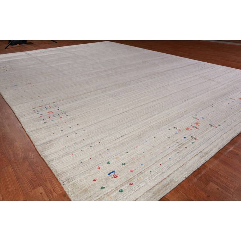 Hand Knotted Oriental 100% Wool Carpet Tribal Stripe Beige & Ivories Gabbeh Area Rug - 12' 6'' X 9' 0''