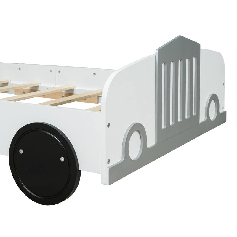 Car-Shaped Platform Bed Wood Low Profile Bed with Slat and Wheels