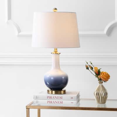 Bates 25" Ceramic/Brass LED Table Lamp, White/Navy by JONATHAN Y
