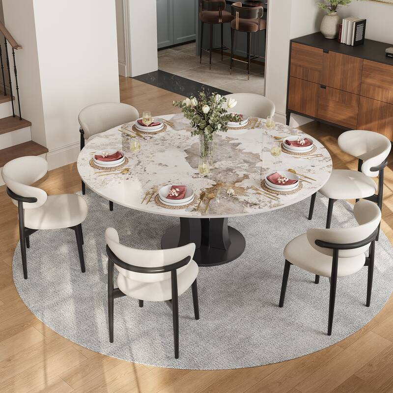 59" Round Sintered Stone Dining Table for 6-8, Glossy Pandora Table top