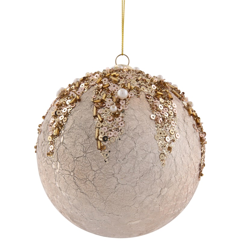 Beaded Sequin Shatterproof Christmas Ball Ornament - 4" - Champagne Gold
