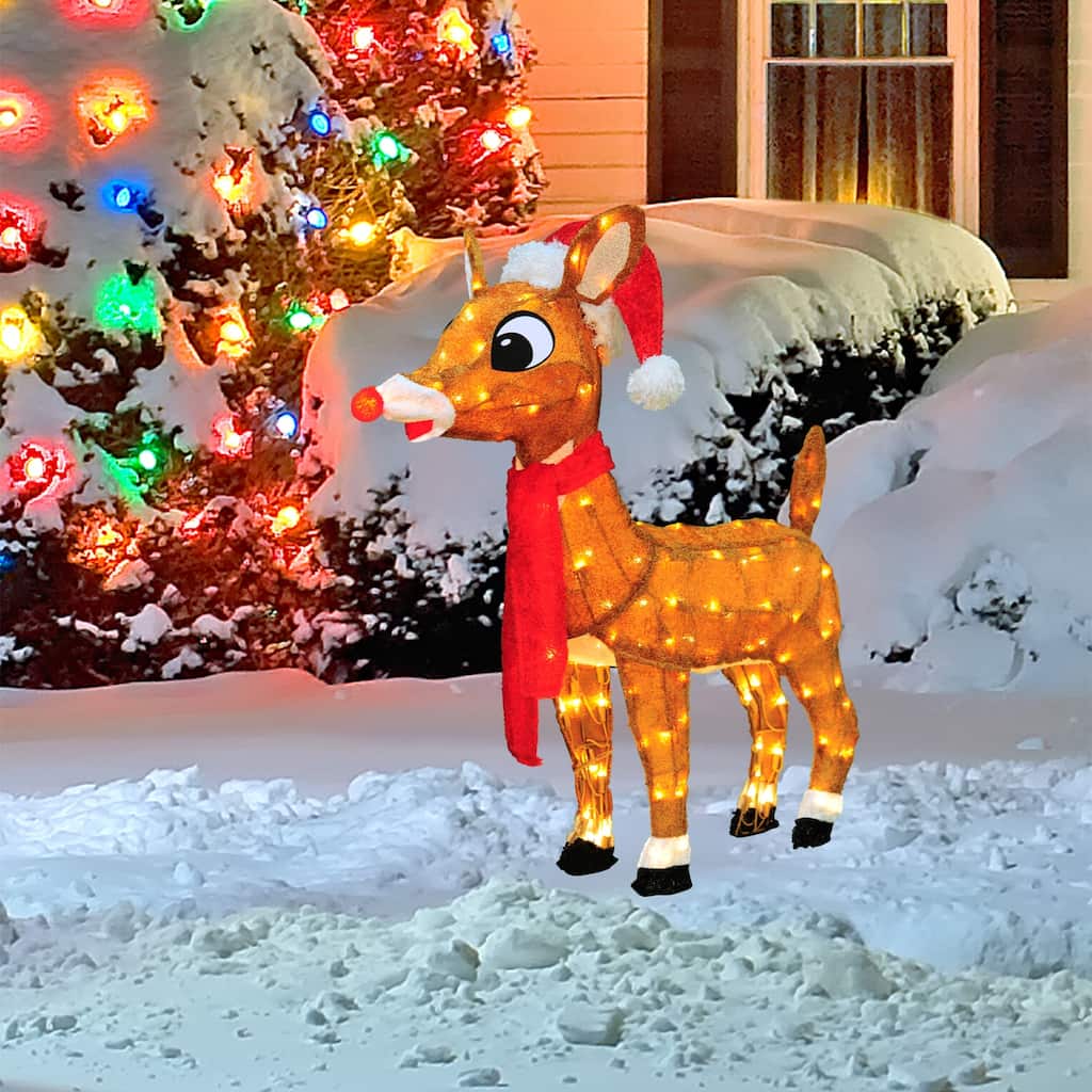 24" Rudolph 3D Pre-lit LED Yard Art Rudolph with Santa Hat and Scarf