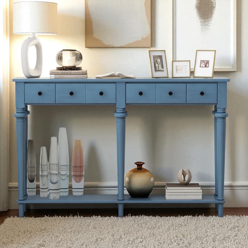 59.8" Rustic Entryway Console Table with 4 Drawers and Open Shelf, Retro Pine Veneer Hallway Accent Table - Navy Blue