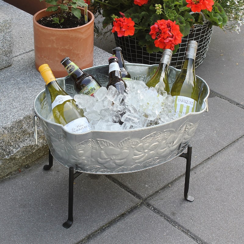 Achla Designs Embossed Oval Tub With Folding Stand, 20 Inch Wide, Steel - 20"