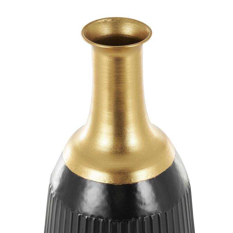 Metal Tall Ribbed Decorative Vase with Gold Tops - Set of 2 Black - Roche River Decor