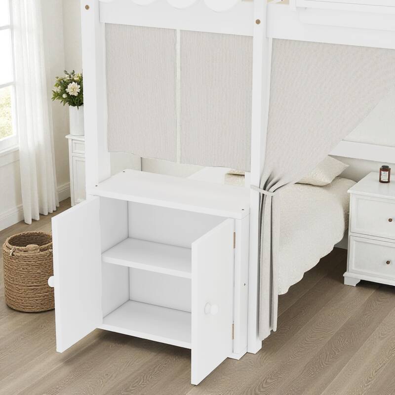 Twin/Full Loft Bed with Bookshelf, Curtain Playhouse, Storage Shelf, Cottage Roof Design and Safety Guardrails for Kids