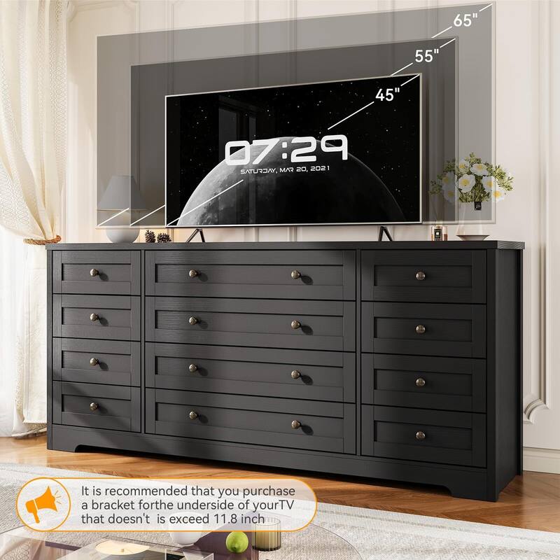 Dresser for Bedroom,Withe Long Wood Dresser with 12 Drawers,Storage Chest of Drawers with Plug-in Charging Hub