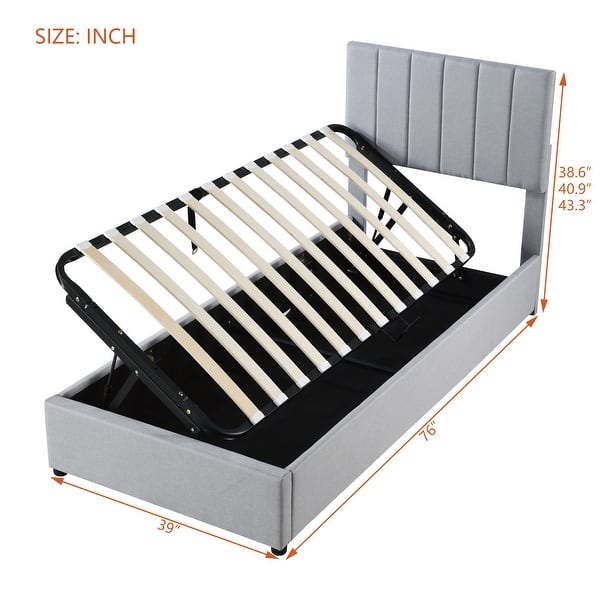 dimension image slide 0 of 2, Twin Size Upholstered Platform Bed with a Hydraulic Storage System, Beige