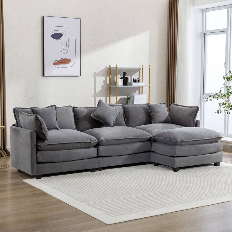 Grey 112.2" Modern L-Shaped 4 Seater Sectional Sofa with Removable Ottoman, 5 Plush Pillows, and Sturdy Frame