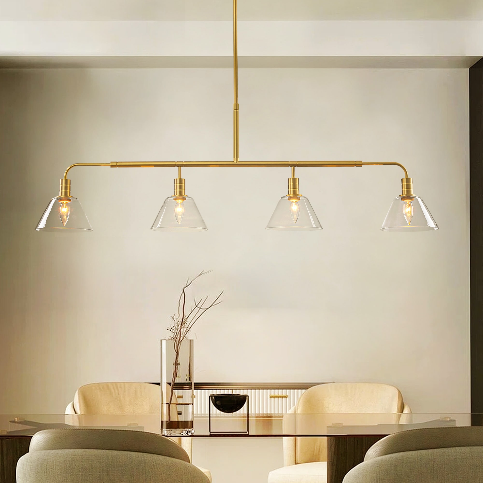 4-Light Vintage Brass and Clear Glass Linear Pendant for Dining Room - 4 Light
