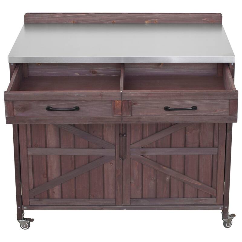 Outdoor Kitchen Island Series, 2 Piece Modular Solid Wood Set, 304 Sink Station, Drawer, 2 Door Shelves, Outdoor Storage Cabinet