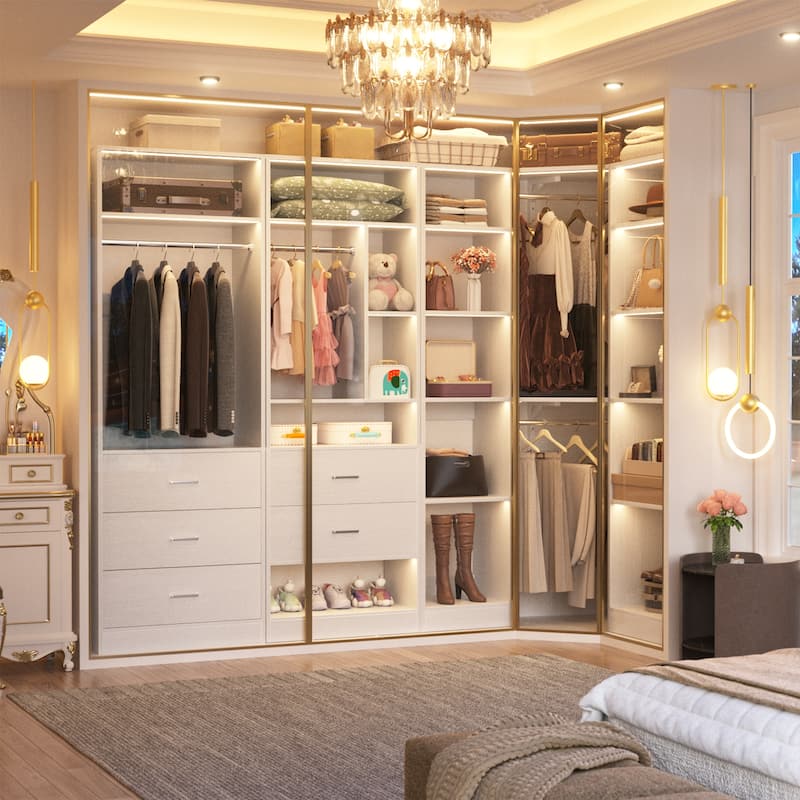 Kyrvo Corner Closet System with 5 Wooden Drawers & 12 Shelves, Freestanding Closet Organizer System for Walk-in/Reach-in Closet
