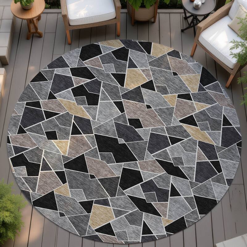 Machine Washable Indoor/ Outdoor Modern Mosaic Chantille Rug - Black - 8' x 8'