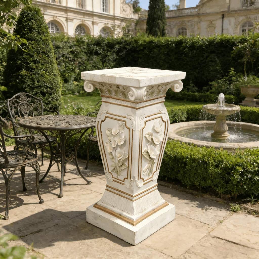 22.05"H x 9.06"W Floral Carved Roman Column Pedestal, Resin Decorative Pillar, Elegant Garden & Courtyard Display Stand