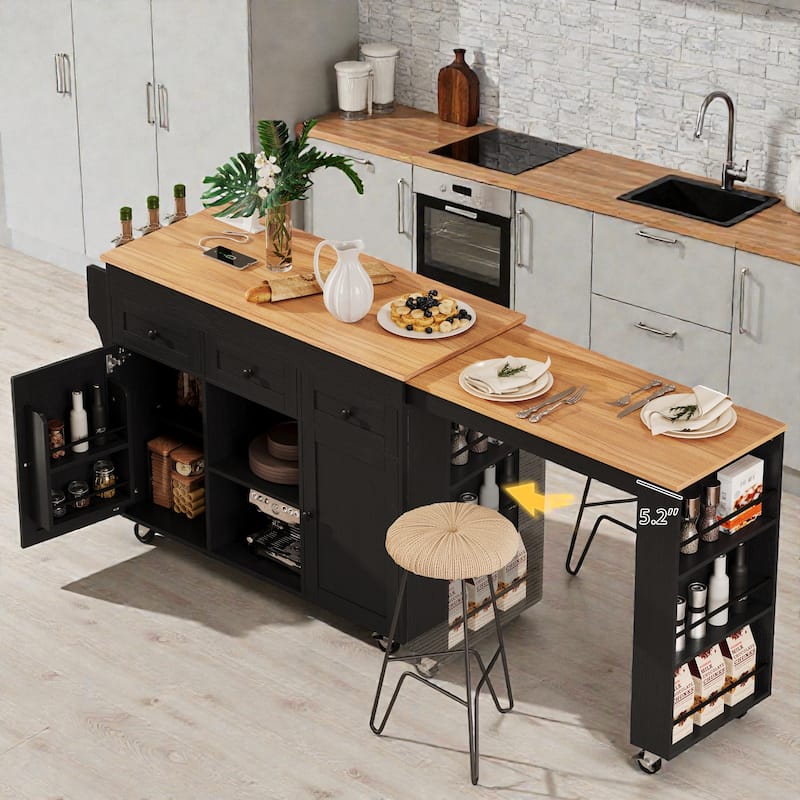 85.5" Extendable Kitchen Island with Dining Table, Rolling Storage Island with Power Outlet, Shelves, Drawers and Cabinets
