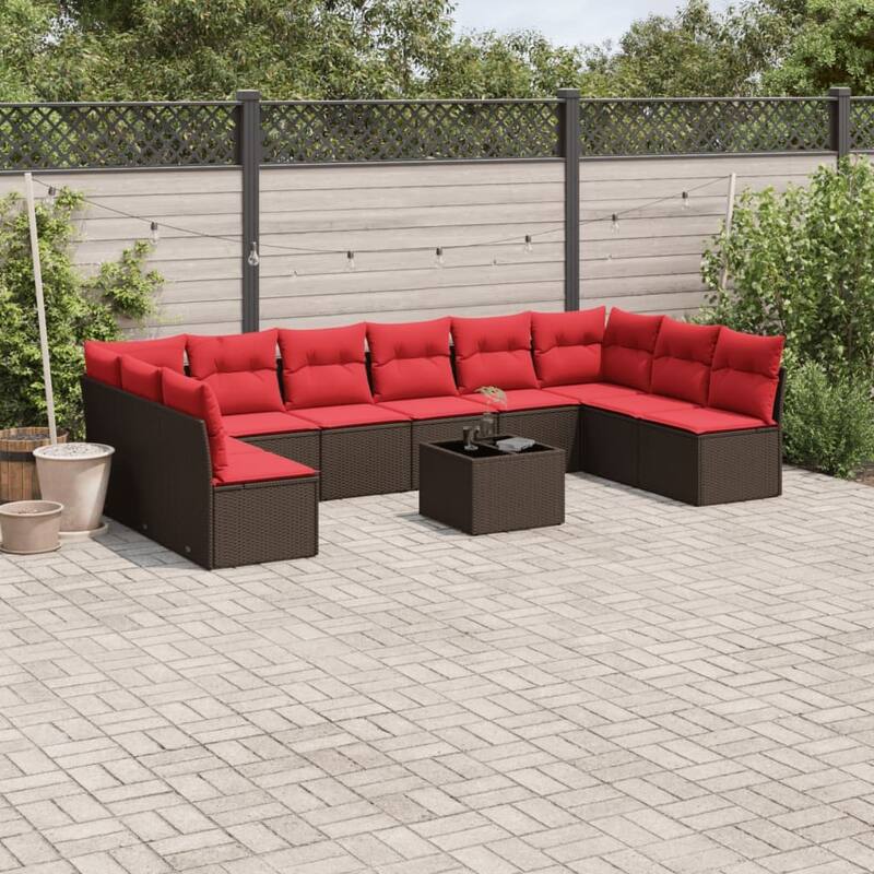vidaXL 10/11 Piece Patio Sofa Set with Cushions Brown/Gray Poly Rattan - 21.7 x 24.4 x 27.2