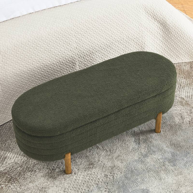 Small Ottoman Oval Storage Bench with Rubber Wood Leg Bedroom Upholstered Footstool Bench with Hidden Storage