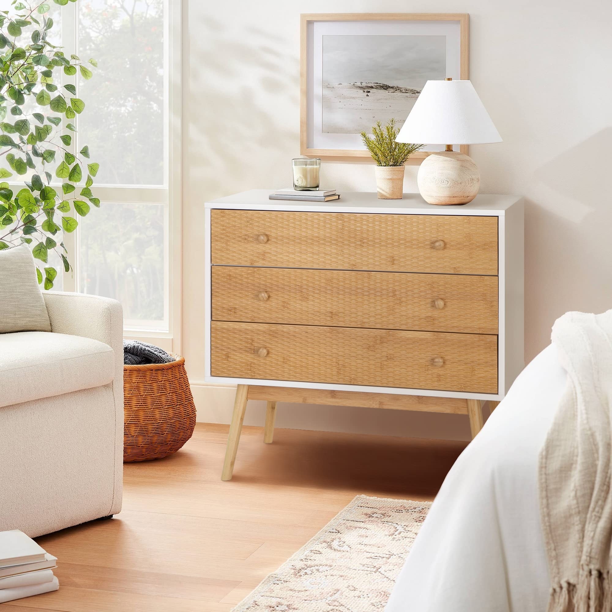 Dresser for Bedroom with 3 Drawers Bamboo Chest of Drawers Small Storage Cabinet