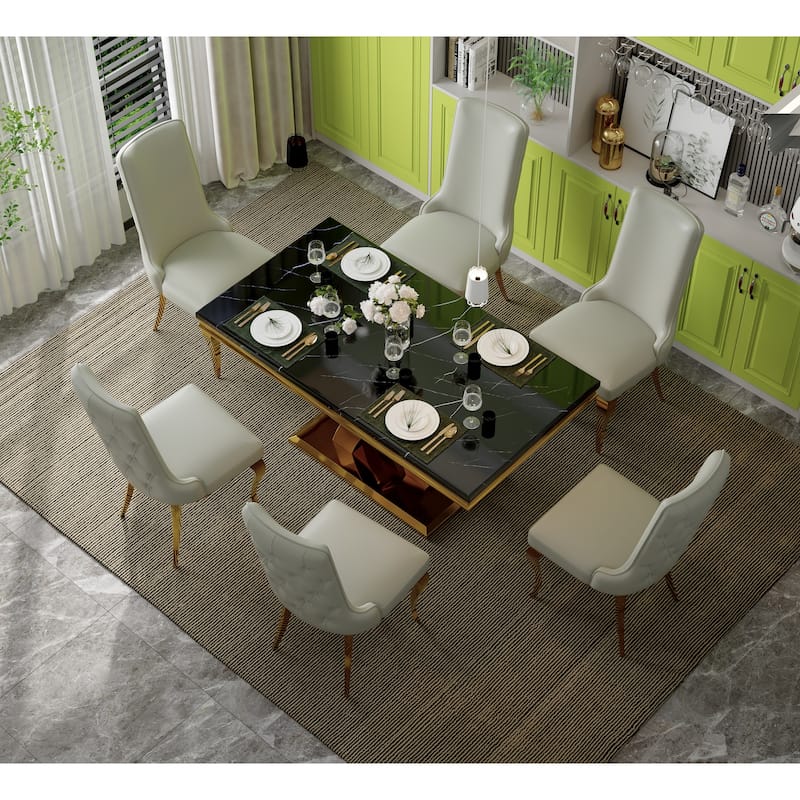 Silver Dining Room Table Set with 65 inch Table and Black Velvet Dining Chairs