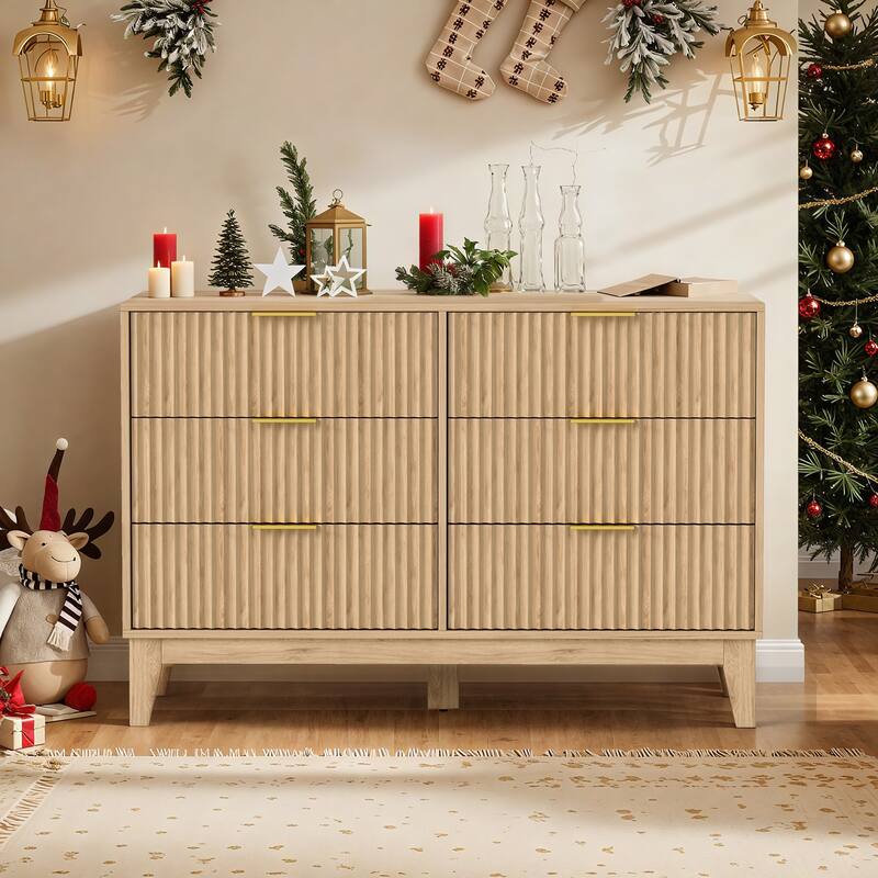 EROMMY Fluted Dresser 6 Drawer Mid Century Modern Dresser Wide Chest of Drawers with Metal Handles for Bedroom Living Room