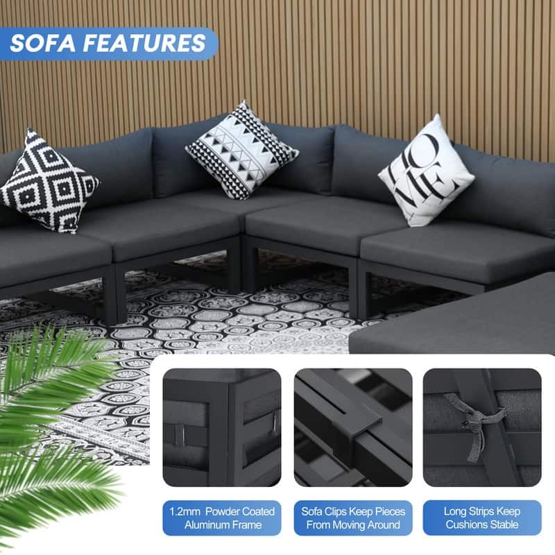 FINCATI Luxury 7-piece Aluminum Sectional Conversation Set with Oversized Seating and Chaise Lounge