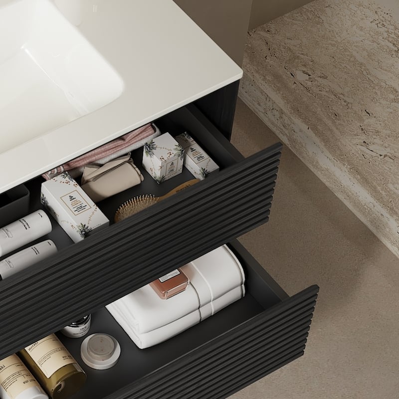 GDFStudio - Bron Modern Floating Bathroom Vanity with Integrated Rectangular Ceramic Basin and 2 Soft-Close Drawers - Dark Oak - 24"