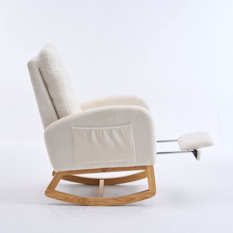 Rocking Chair with Footrest, Cream White High-Back Rocker, Rubber Wood Lounge Chair, 38.36"W x 26.77"D x 39.76"H