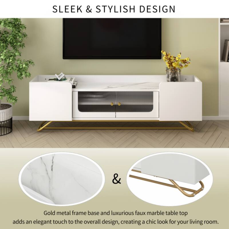 Sleek Design TV Stand with Fluted Glass, Contemporary Entertainment Center for TVs Up to 70"
