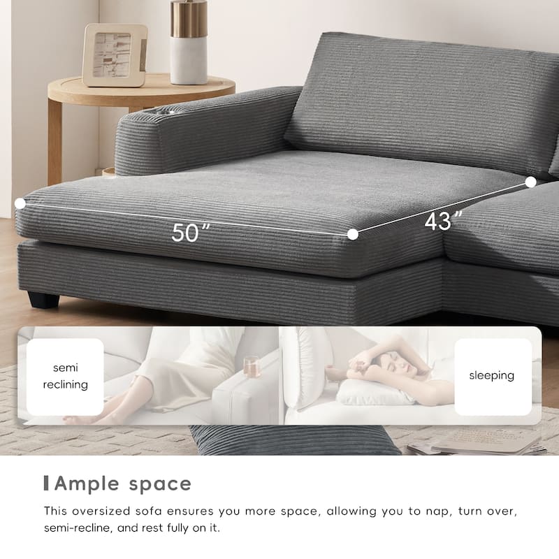 134" Corduroy Sectional Sofa with L-Shaped Cloud Couch and USB Charging & 50" Chaise (330lb Capacity)