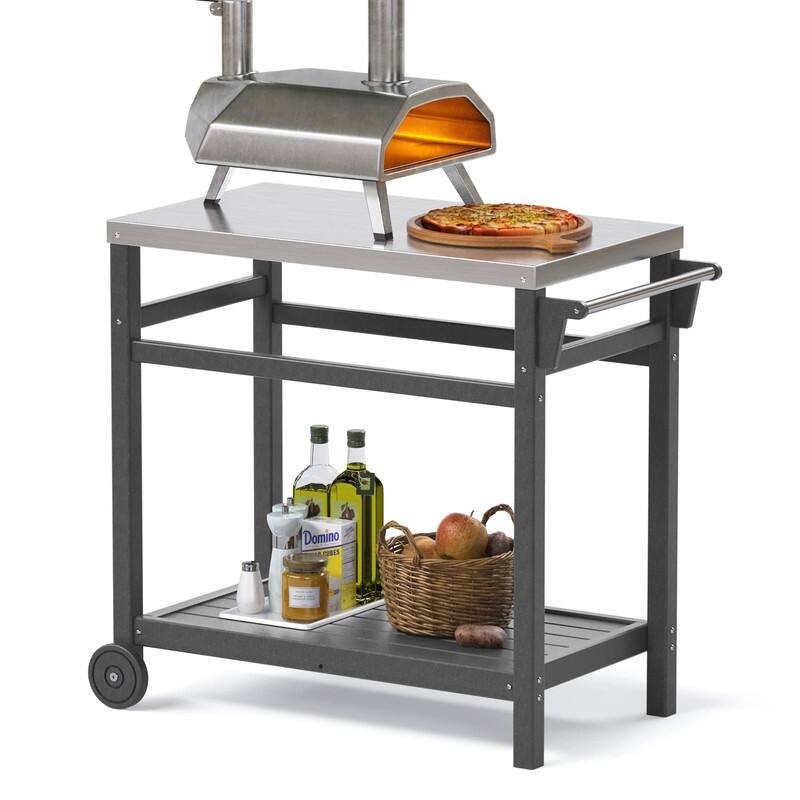 Portable Outdoor Grill Cart with HDPE Legs,Stainless Steel Top&Double-Shelf Storage for BBQ Prep Table