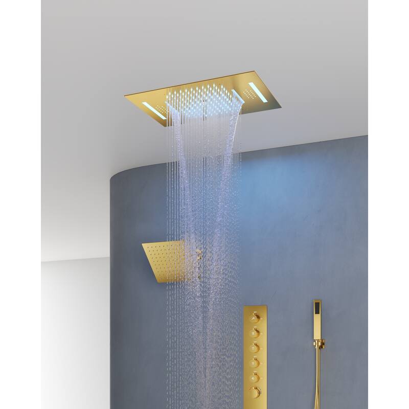 Dual Shower Heads System with 3 Spray Modes 22"*15" Ceiling and 6" Wall Mount Body Jets Handheld Spray LED Music