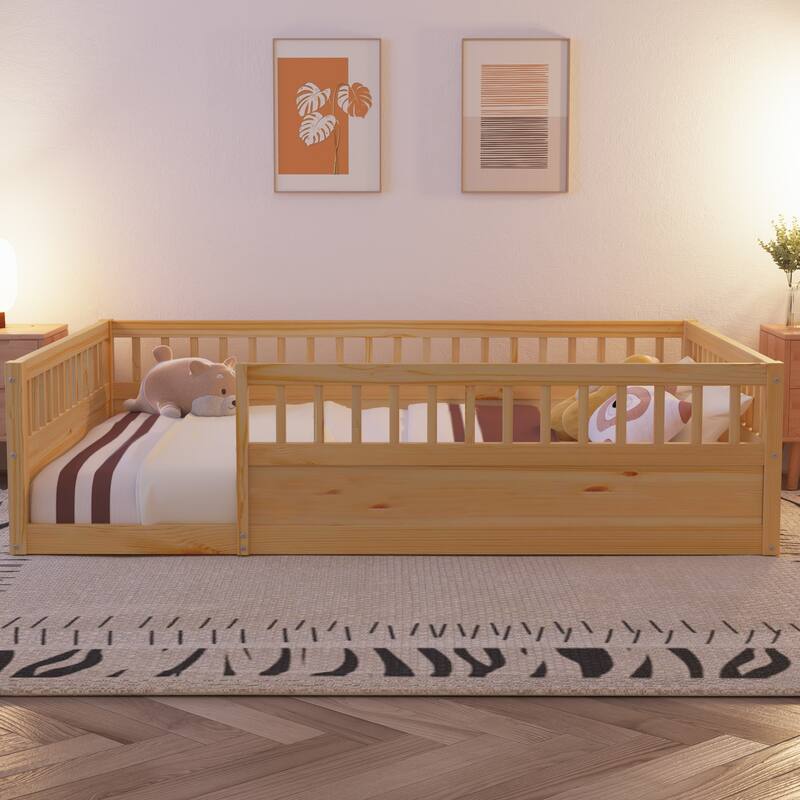 Pine Floor Bed Frame with Fence